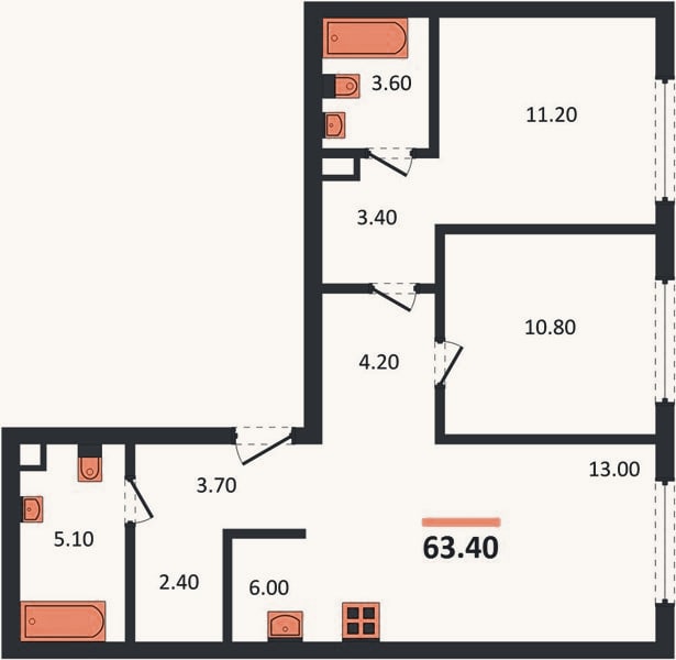 Планировка: 2-к, 63,4 м²