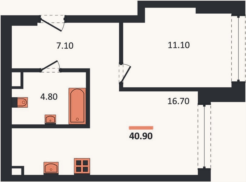 Планировка: 1-к, 40,9 м²
