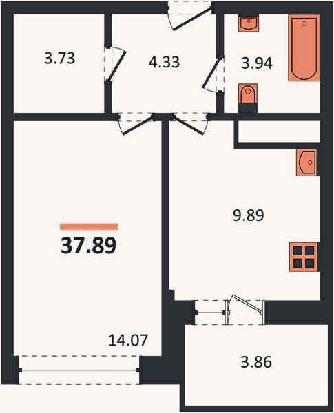 Планировка: 1-к, 37,9 м²