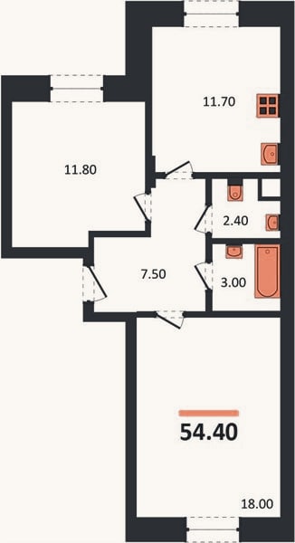 Планировка: 2-к, 54,4 м²