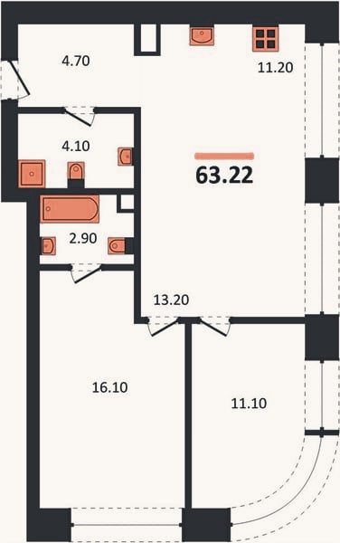Планировка: 2-к, 63,2 м²