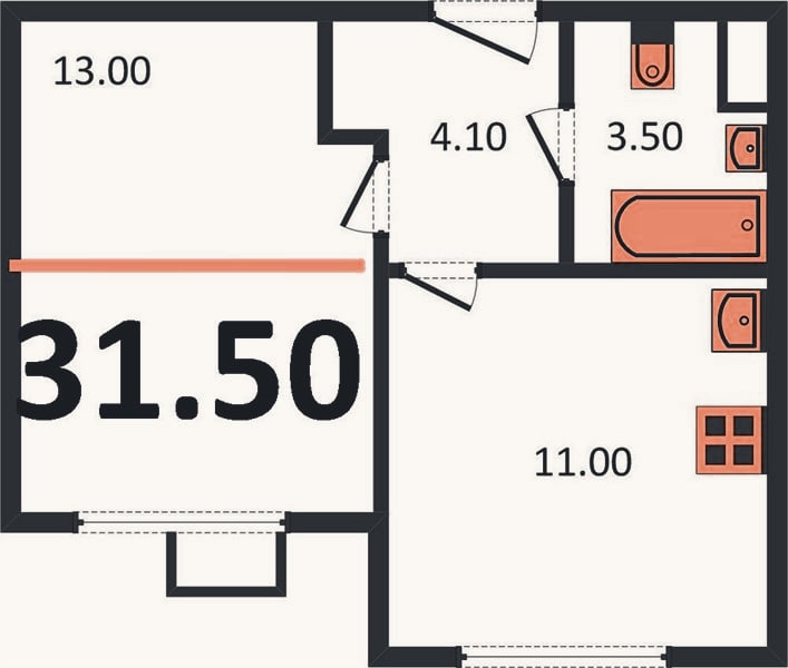 Планировка: 1-к, 31,5 м²