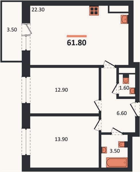 Планировка: 2-к, 63,9 м²