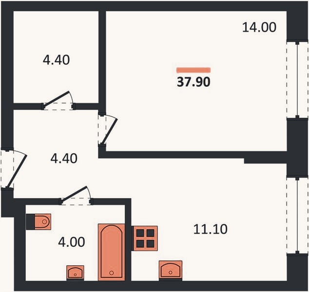 Планировка: 1-к, 37,9 м²