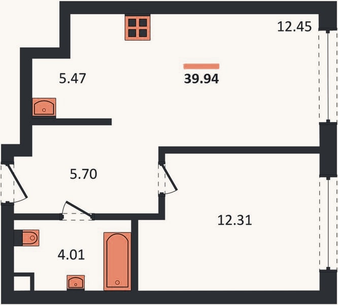 Планировка: 1-к, 39,9 м²