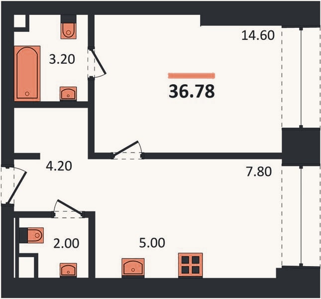 Планировка: 1-к, 36,8 м²