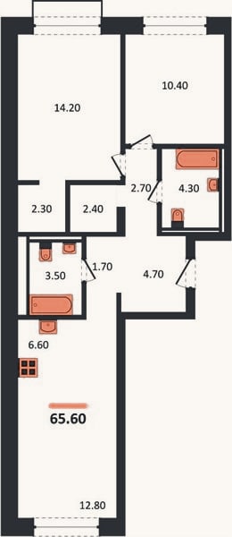 Планировка: 2-к, 65,6 м²