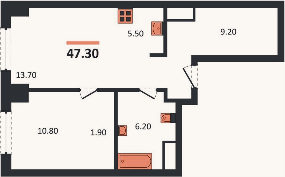 Планировка: 1-к, 47,3 м²