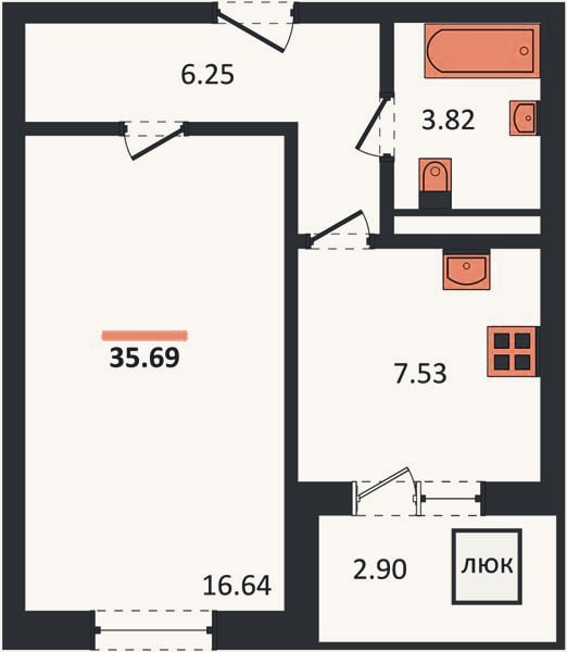 Планировка: 1-к, 35,7 м²