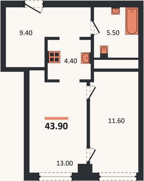 Планировка: 1-к, 43,9 м²