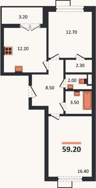 Планировка: 2-к, 59,2 м²