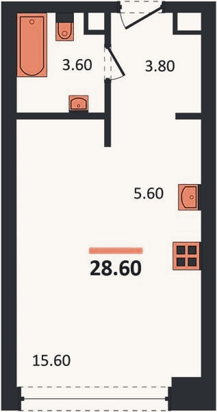 Планировка: Студия, 28,6 м²