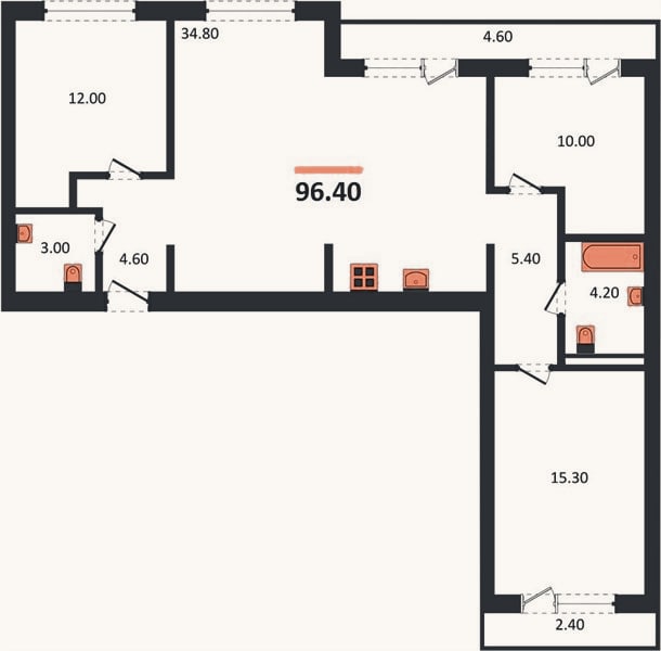Планировка: 3-к, 96,4 м²
