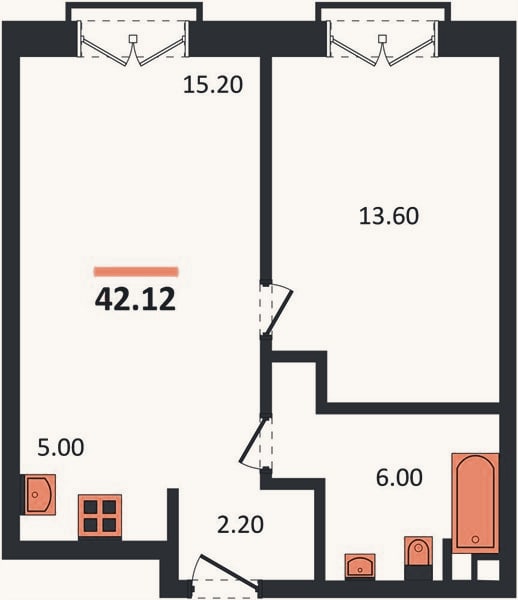 Планировка: 1-к, 42,1 м²