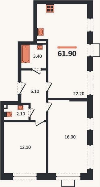 Планировка: 2-к, 61,9 м²