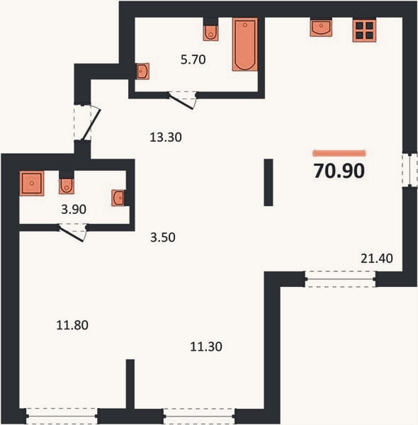 Планировка: 2-к, 70,9 м²