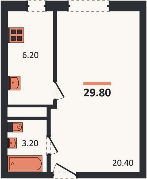 Планировка: 1-к, 29,8 м²