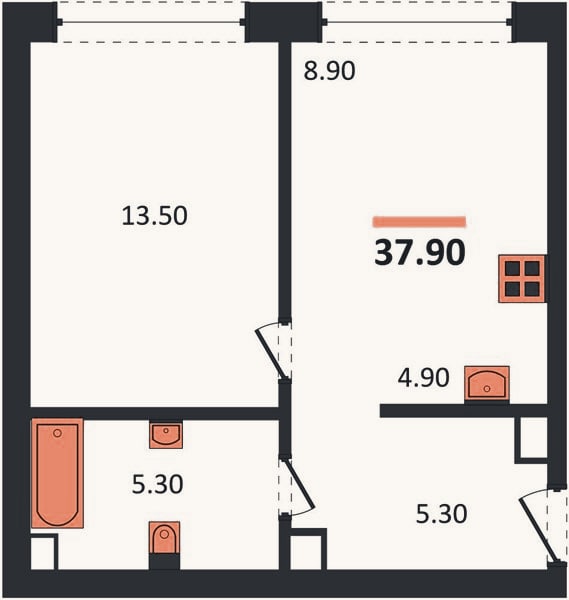 Планировка: 1-к, 38,1 м²