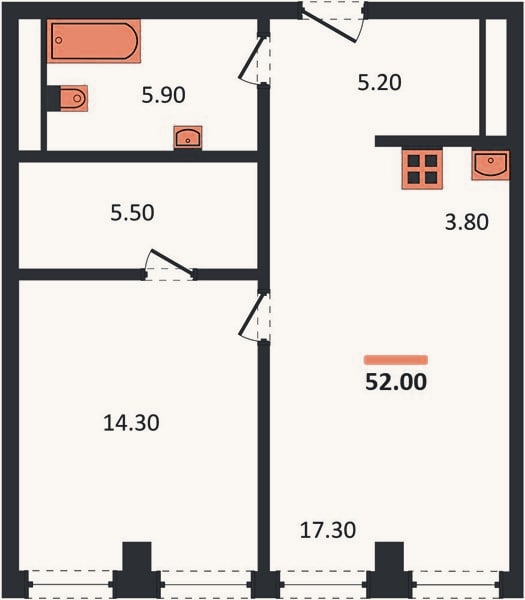 Планировка: 1-к, 52 м²