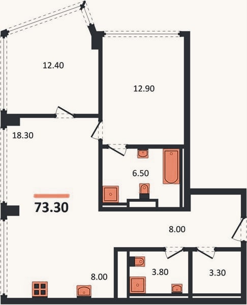 Планировка: 2-к, 73,3 м²