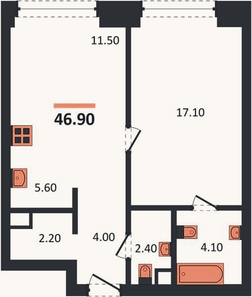 Планировка: 1-к, 46,9 м²