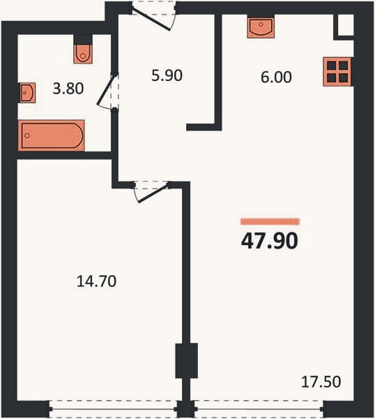 Планировка: 1-к, 47,9 м²