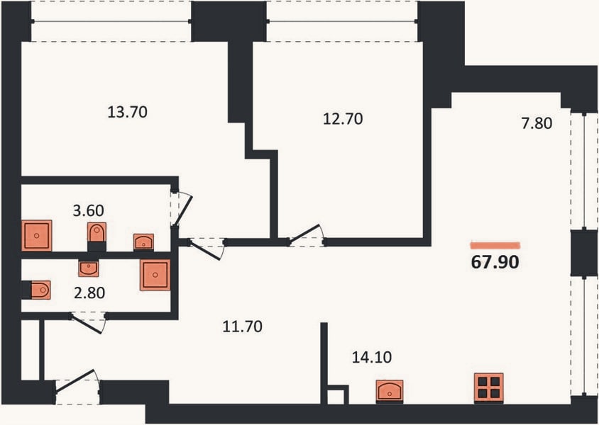 Планировка: 2-к, 67,9 м²