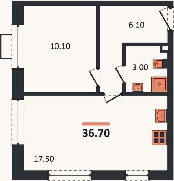 Планировка: 1-к, 36,7 м²