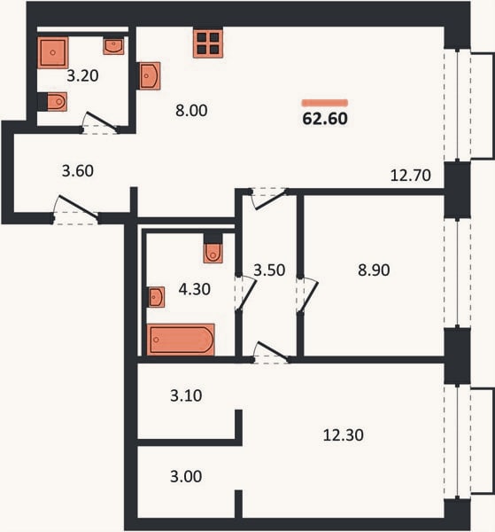 Планировка: 2-к, 62,6 м²