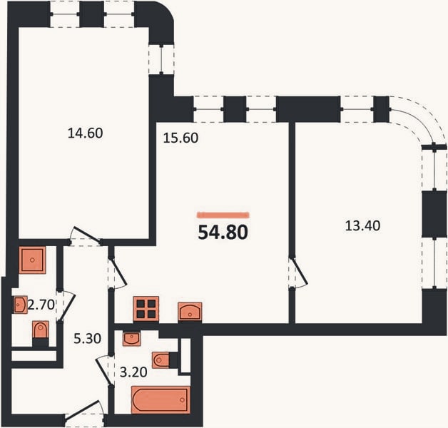 Планировка: 2-к, 54,8 м²