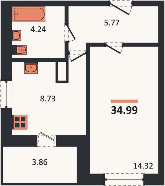 Планировка: 1-к, 35 м²