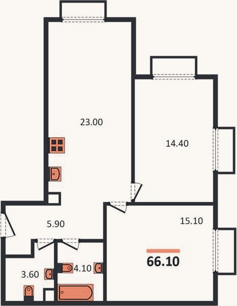 Планировка: 2-к, 66,1 м²