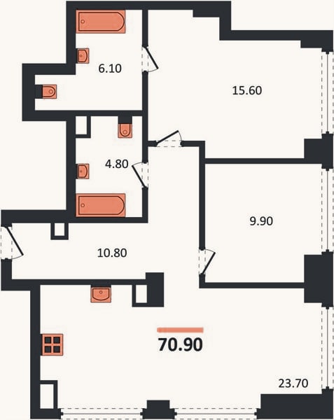 Планировка: 2-к, 70,9 м²