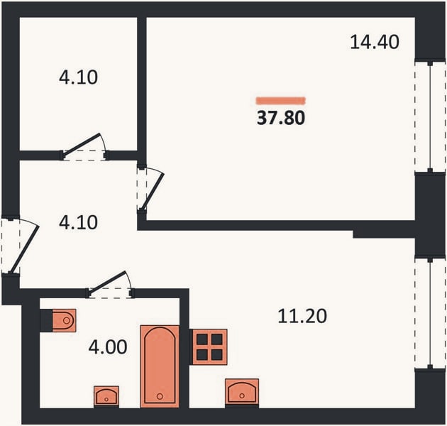 Планировка: 1-к, 37,8 м²