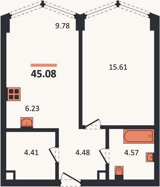 Планировка: 1-к, 45,1 м²