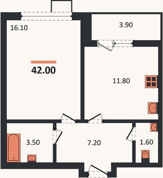 Планировка: 1-к, 42 м²