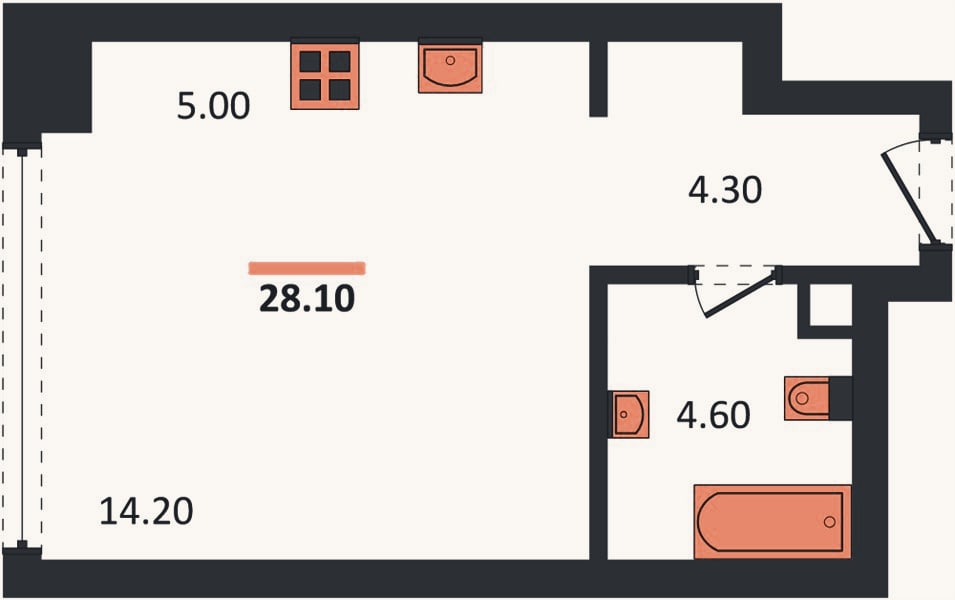 Планировка: Студия, 28,1 м²