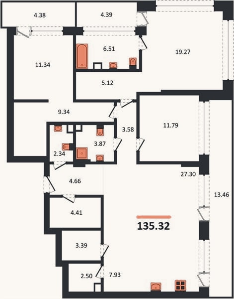 Планировка: 3-к, 135,3 м²