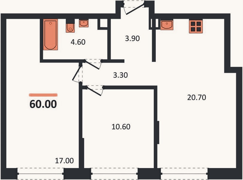 Планировка: 2-к, 60 м²