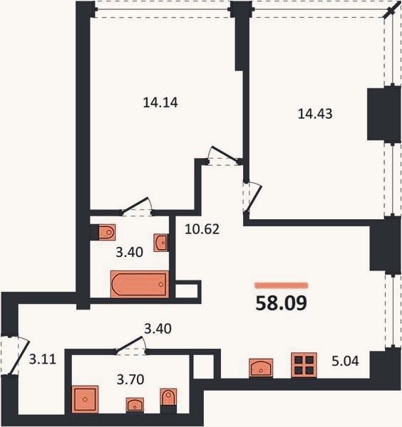 Планировка: 2-к, 58,1 м²