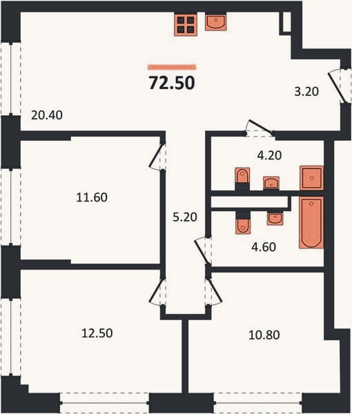 Планировка: 3-к, 72,5 м²