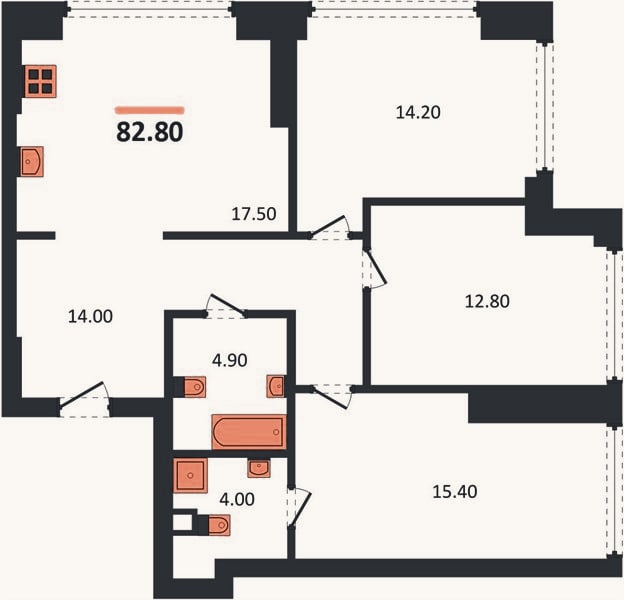 Планировка: 3-к, 82,8 м²