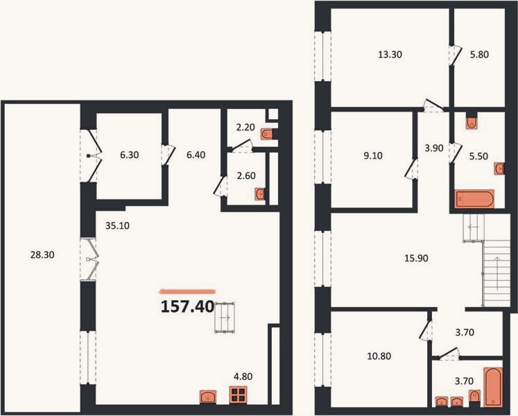 Планировка: 3-к, 157,4 м²
