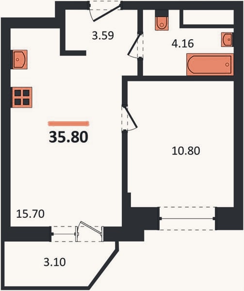 Планировка: 1-к, 35,8 м²