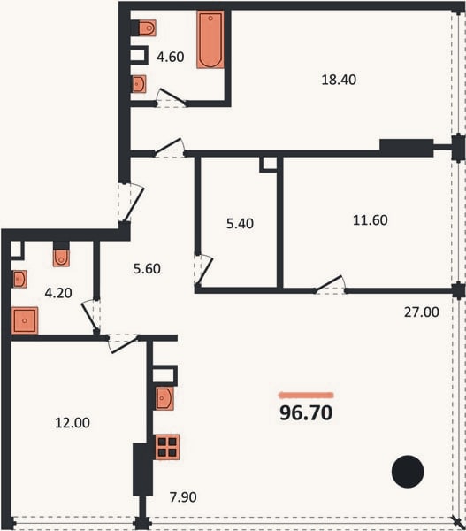 Планировка: 3-к, 96,7 м²