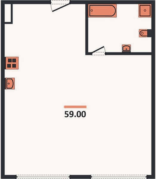 Планировка: 1-к, 58,8 м²