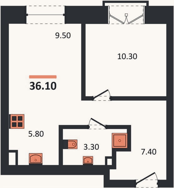 Планировка: 1-к, 36,1 м²