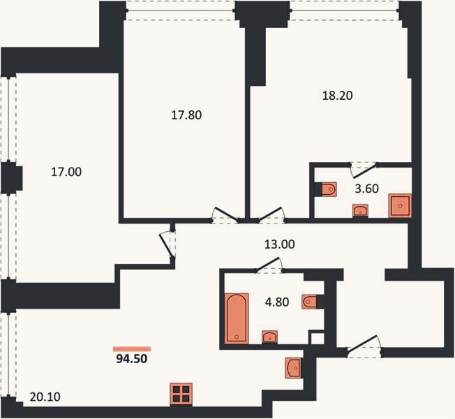 Планировка: 3-к, 94,5 м²