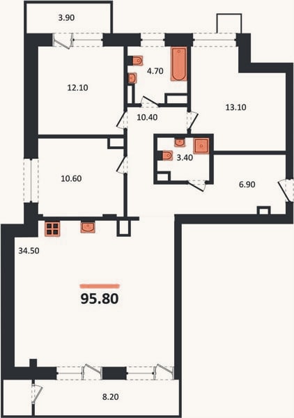 Планировка: 3-к, 95,8 м²