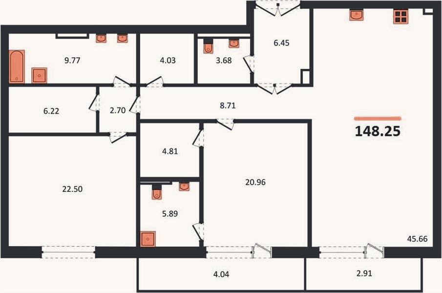 Планировка: 2-к, 148,3 м²